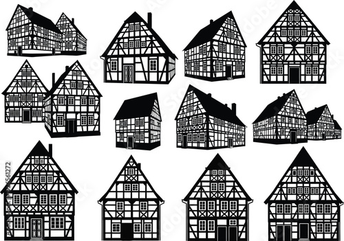 Collection of black and white vector illustrations of traditional timber-framed houses.