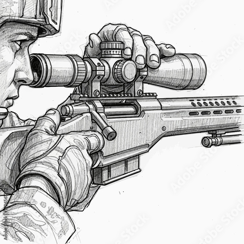 Soldier aiming sniper rifle telescopic sight, close-up sketch
