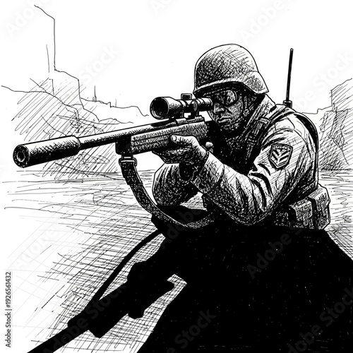 Soldier aiming sniper rifle, black and white ink drawing