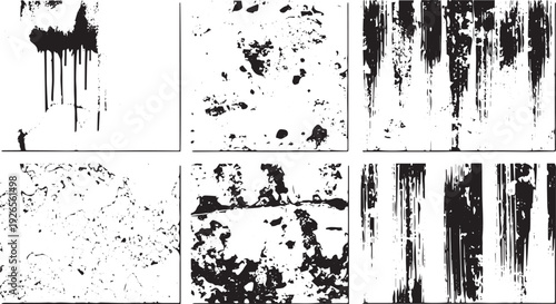 Set of abstract dark grunge textures including ink drips, splashes, and distressed patterns for graphic design