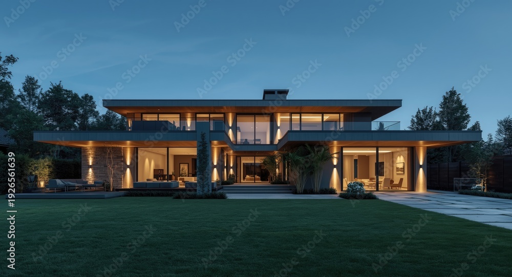 Fototapeta premium Gray luxury house exterior showcasing innovative design and vibrant outdoor area