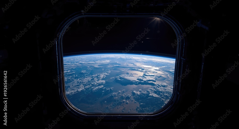 Fototapeta premium Space station interior looking out onto Earths horizon