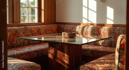 Breakfast nook filled with sunlight showcasing glass dining table and colorful seating on glossy wood
