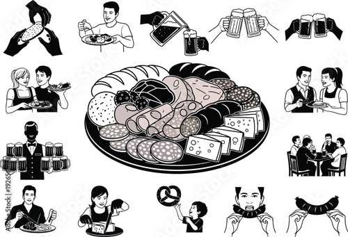 Black and white illustrations of people celebrating with beer and food platters, including sausages, cheese, and pretzels, Oktoberfest theme.