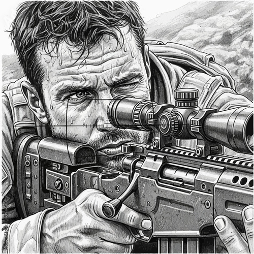 Soldier aiming sniper rifle, intense focus, sweat on brow, tactical gear