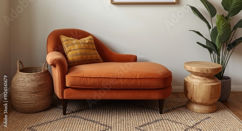 Welcoming lounge area with pillow on chaise longue and warm wooden stool decor