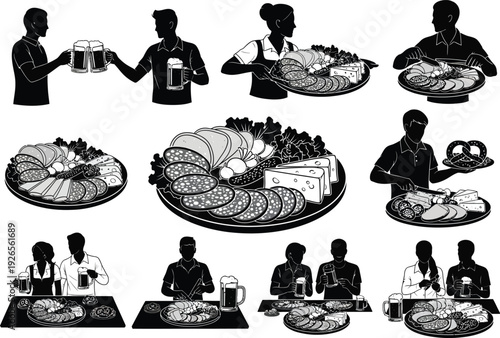 Black and white vector illustrations of people and platters featuring Oktoberfest food like sausages, cheese, and pretzels, with beer.