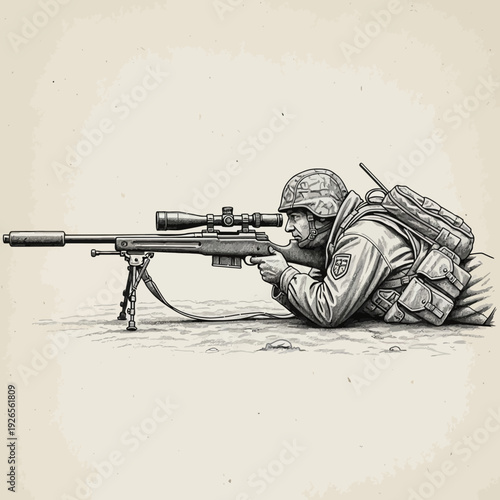Soldier aiming sniper rifle, military, warfare, tactical, focused, sketch style