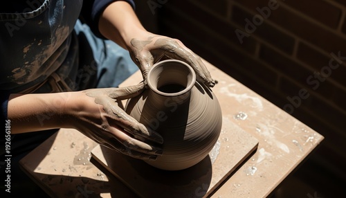 Potters clay covered hands shaping a spinning wet earthen vase on a wheel in a sunlit studio