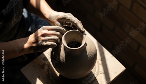 Potters clay covered hands shaping a spinning wet earthen vase on a wheel in a sunlit studio