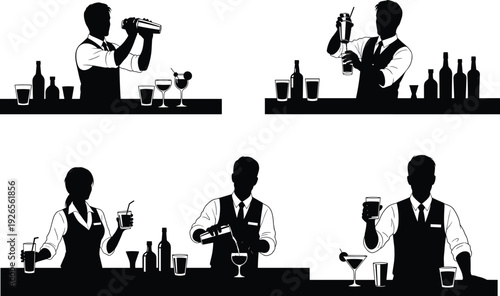 Bartender silhouette illustration, cocktail making artwork, drink preparation design, bar counter scene, mixology concept, hospitality profession art, beverage serving composition