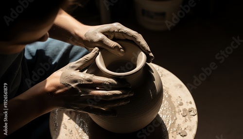 Potters clay covered hands shaping a spinning wet earthen vase on a wheel in a sunlit studio