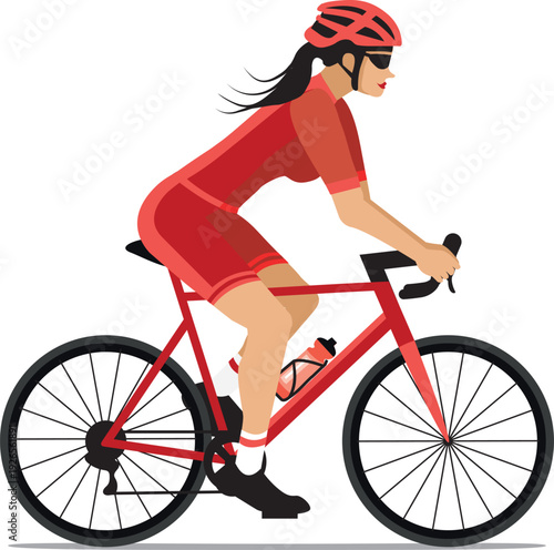 Cyclist woman riding bike in cycling shorts and jersey. Red flat design. Hand drawn vector illustration.