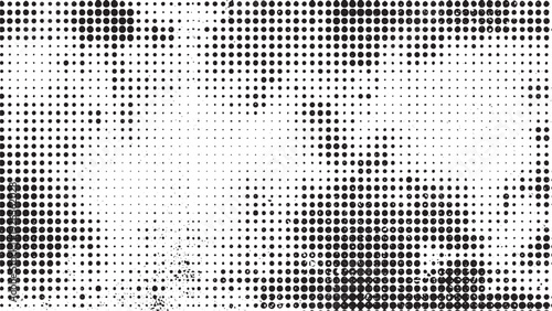 Grayscale halftone dot pattern with irregular spacing and distressed grunge texture overlay for abstract art and vintage design effects with copy space on transparent background elements