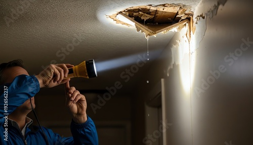 Property manager inspecting water damaged ceiling with flashlight in dark apartment hallway