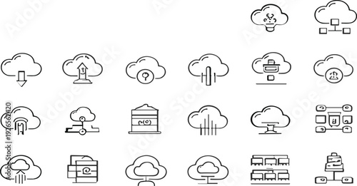 Cloud Computing and Data Storage Line Icon Set with Upload, Download, Server, Backup, and Network Technology Symbols