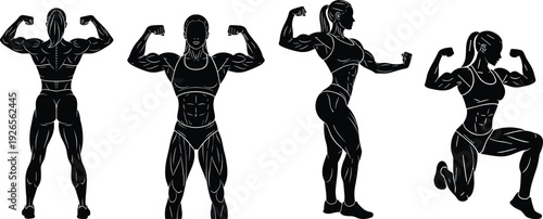 Silhouette bodybuilding poses, muscular fitness illustration, strength training artwork, flexing athletes, gym workout concept, physique modeling, health lifestyle design