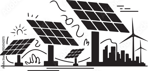 Solar panels and wind turbines with cityscape renewable energy