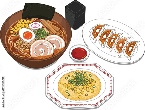 Japanese Ramen Bowl with Gyoza Dumplings and Rice Dish Traditional Asian Food Set Flat Vector Illustration