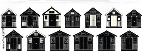 Set of diverse beach huts in silhouette, seaside cabins with unique designs and architectural details
