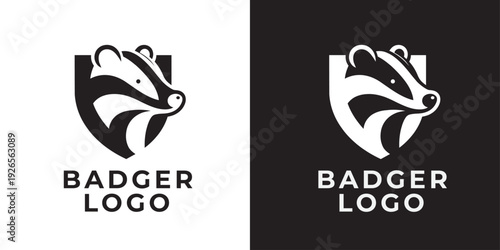 Strong badger head shield logo design template in black and white for security, sports mascots, and modern business identity