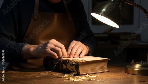 Close up of a veteran bookbinder restoring an ancient manuscript spine with linen thread on an oak workbench