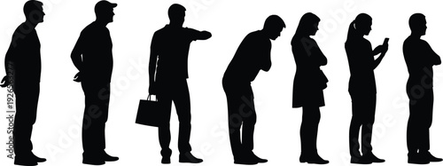 Diverse group of people standing in a line, silhouetted against white, representing waiting or queue