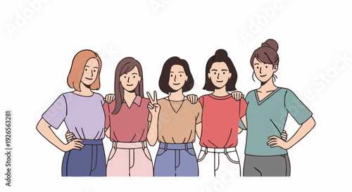 Diverse group of five women standing together International Women's Day theme vector illustration