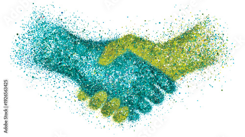 Abstract representation of a handshake, composed of colorful dots on a white background