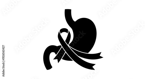 Black ribbon tied around a stylized stomach illustration.