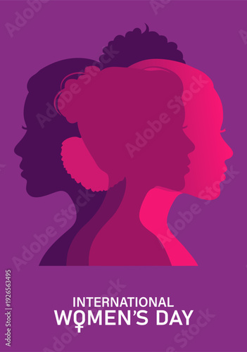 International Women’s Day Vector Illustration of Three Diverse Female Silhouettes in Purple, Magenta, Hot Pink with Afro, Curly, and Straight Hairstyles