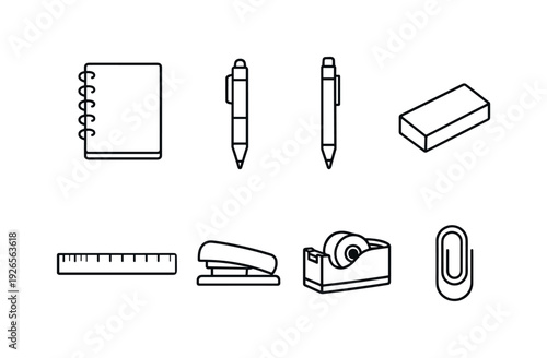 Office desk stationery basics: notebook, ballpoint pen, mechanical pencil, eraser, ruler, stapler, tape dispenser, paper clip