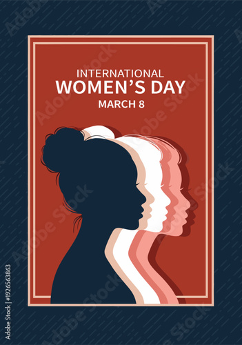 Vector Illustration of International Women's Day Celebration Featuring Stylized Woman Silhouette with Layered Pink Peach Background