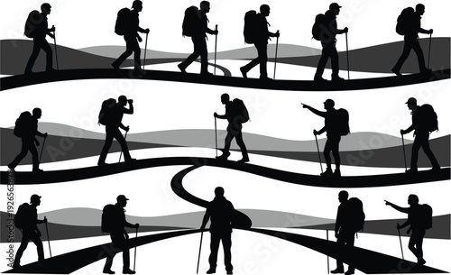 Hiking Silhouette Series: Backpackers Trekking Through Diverse Landscapes