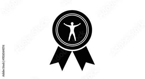 Black and white badge icon with ribbon and human figure.