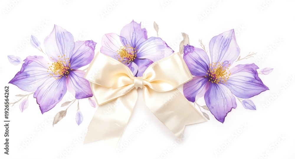 Obraz premium Watercolor floral arrangement featuring purple flowers with a decorative bow on white background