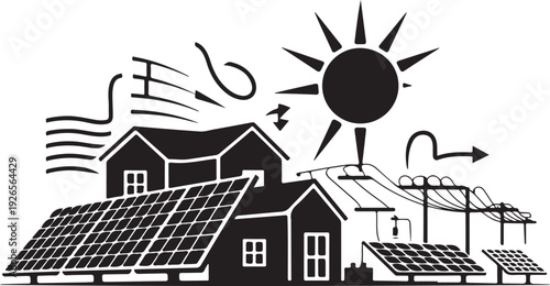 Solar panels on houses with sun and wind renewable energy