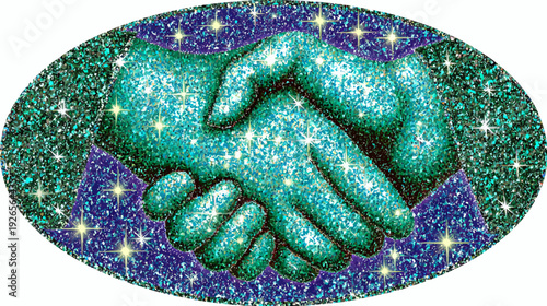 Sparkling oval featuring two glittery green hands clasped, surrounded by starry effects