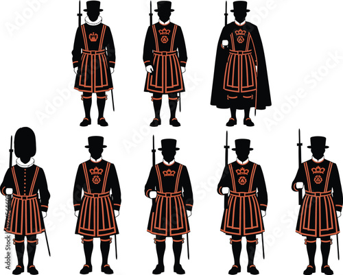 Iconic Yeoman Warder Figures in Traditional Uniforms with Varying Headwear and Capes