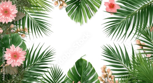 Exotic floral collection with tropical palm leaves and white backdrop