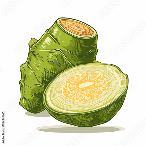 Detailed illustration of a sliced green fruit with vibrant orange pulp, showcasing texture and pattern, against a plain background from a frontal viewpoint