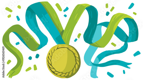 A golden medal with ribbon and scattered confetti on a white backdrop, celebrating achievement