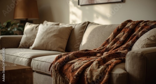 peaceful family room featuring a comfy sofa and a warm patterned blanket