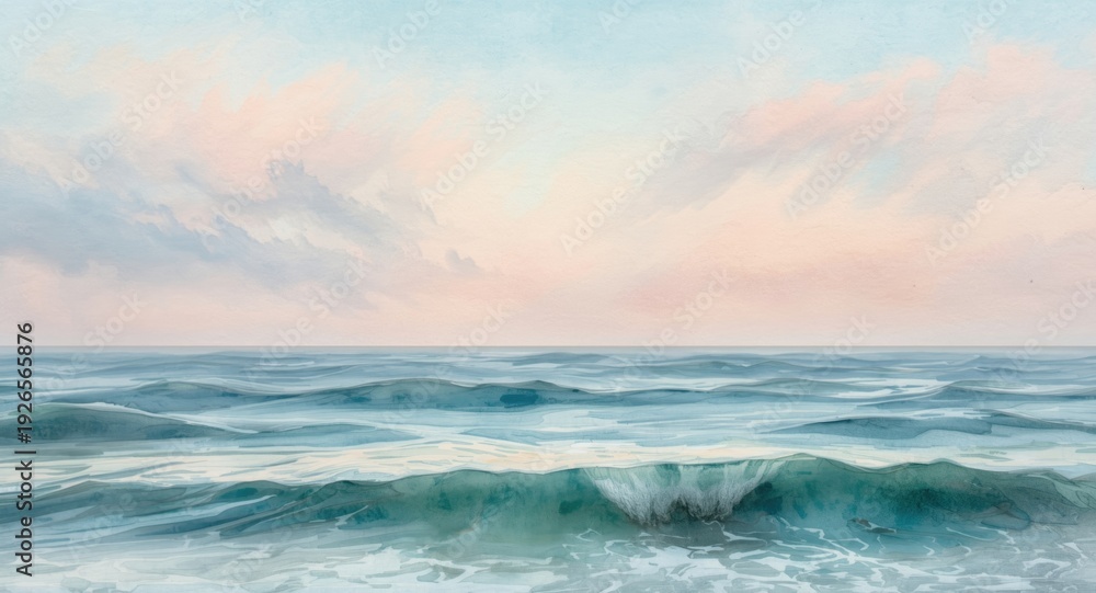 Fototapeta premium Tranquil watercolor painting of calm ocean waves beneath a pastel sky