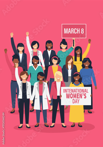 Vector Illustration of Diverse Group Celebrating International Women's Day with Raised Arms in Vibrant Solid Pink Background