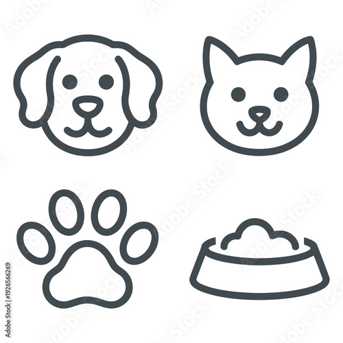 Pets and Veterinary Set - Dog, Cat, Paw Print, and Food Bowl