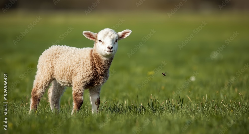 Obraz premium Cheerful lamb standing tall in spring grass focusing on a buzzing insect with an uncluttered background and copy space