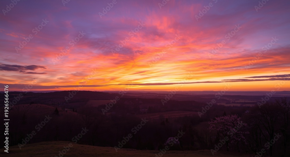 Obraz premium Evening landscape banner showing dramatic purple and yellow sunset sky with mesh horizon for spring