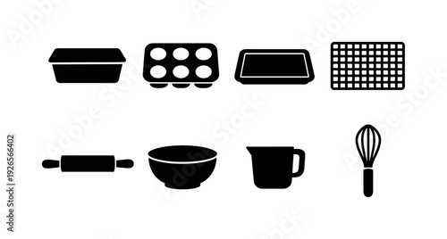 Kitchen baking cookware: loaf pan, muffin tin, baking tray, cooling rack, rolling pin, mixing bowl, measuring cup, whisk