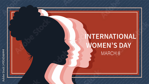 Vector illustration of International Women's Day graphic with woman's head silhouette in pink flowing hair, celebrating empowerment on dark blue background